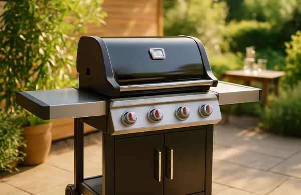 Moderner Gasgrill mit Edelstahlgehäuse und geschlossenem Deckel - leistungsstarker BBQ-Grill für Terrasse oder Garten