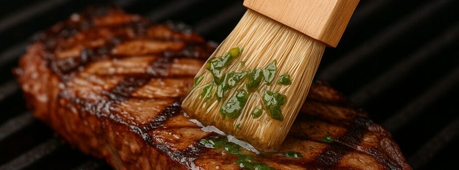 Grillpinsel mit Naturborsten und Holzgriff beim Marinieren eines Steaks.