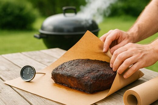 Texas-Krücke beim BBQ - Ein Brisket das in Butcher Paper gewickelt wird.