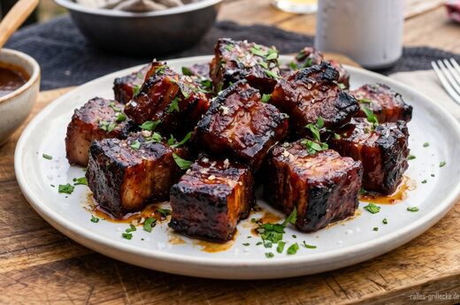 Pork Belly Burnt Ends frisch vom Grill - karamellisierte Schweinebauchwürfel mit BBQ-Rub und Glasur als beliebtes BBQ-Rezept